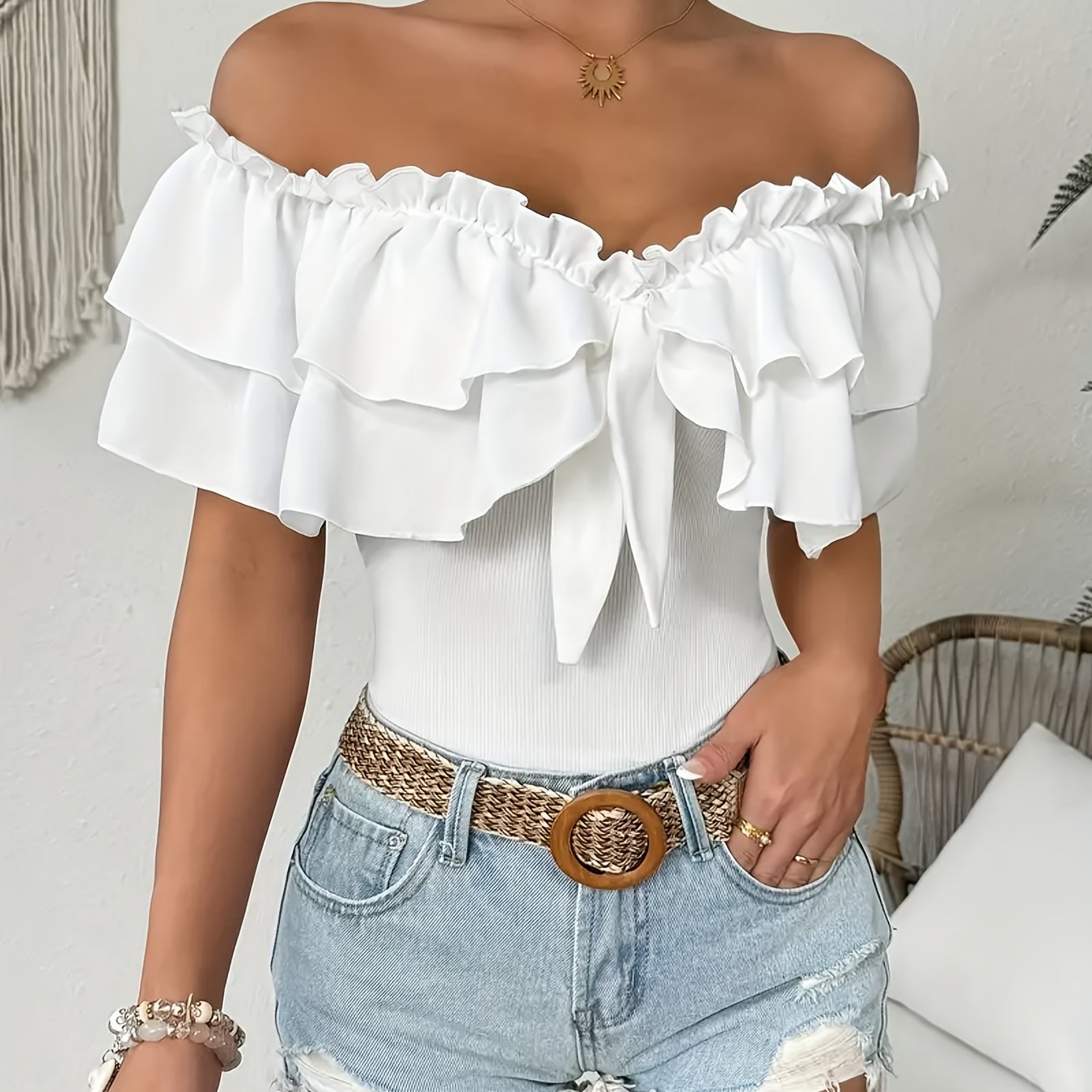 Maillot de Bain Une Piece Femme Epaules Denudees Volants Couleur Unie - 95% Polyester Elasthanne Style Vacances Blanc XS-XL