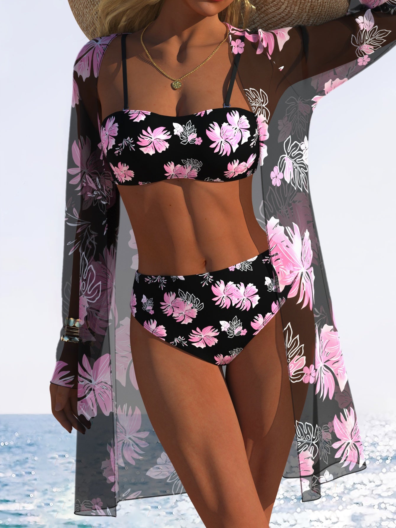 Bikini 3 pièces femme imprimé aléatoire - Tissu très extensible, style plage tendance