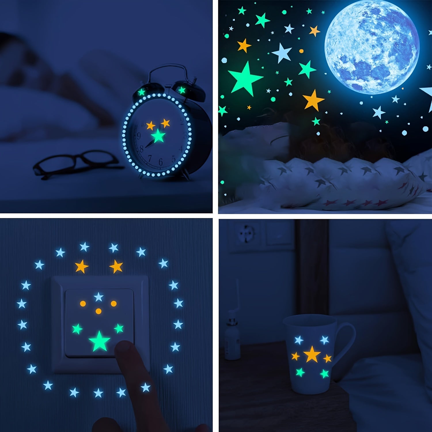 Glow in the dark star and moon stickers applied to a clock, wall, light switch, and mug in a dark room.