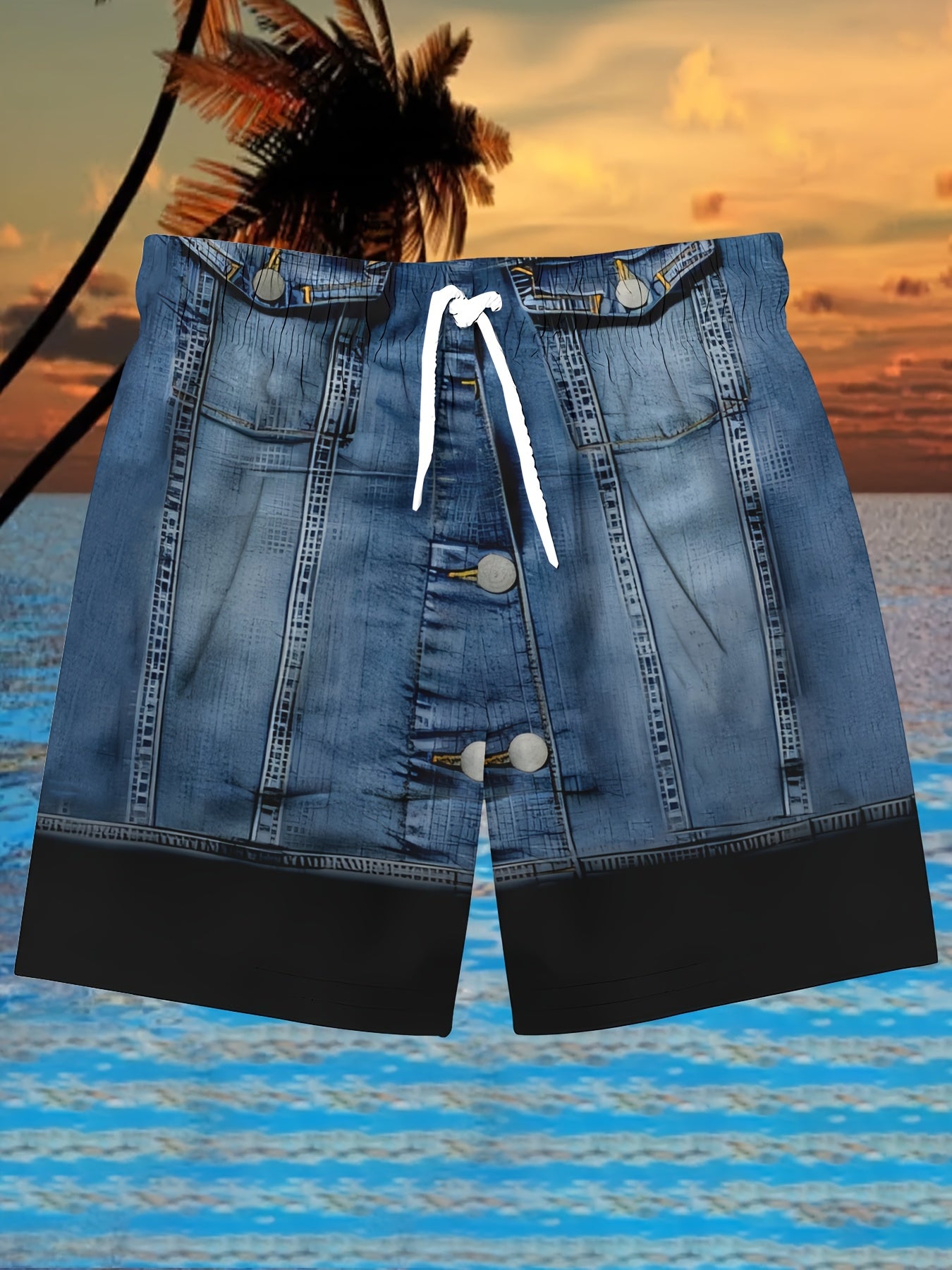 Ensemble 2 pieces homme imprime faux denim - Haut manches courtes + short assortis, polyester stretch, bleu
