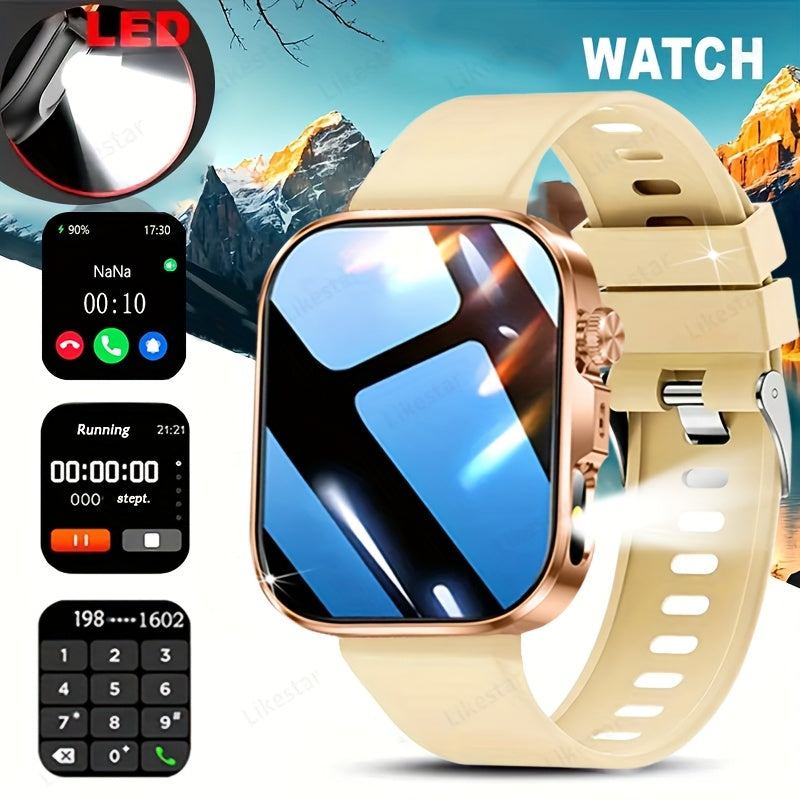 Montre Connectee Tactile Bracelet Acier Inoxydable Ecran HD 2.01 Pouces Recharge Magnetique - Appels Notifications Lampe Torche LED Style Business Decontracte