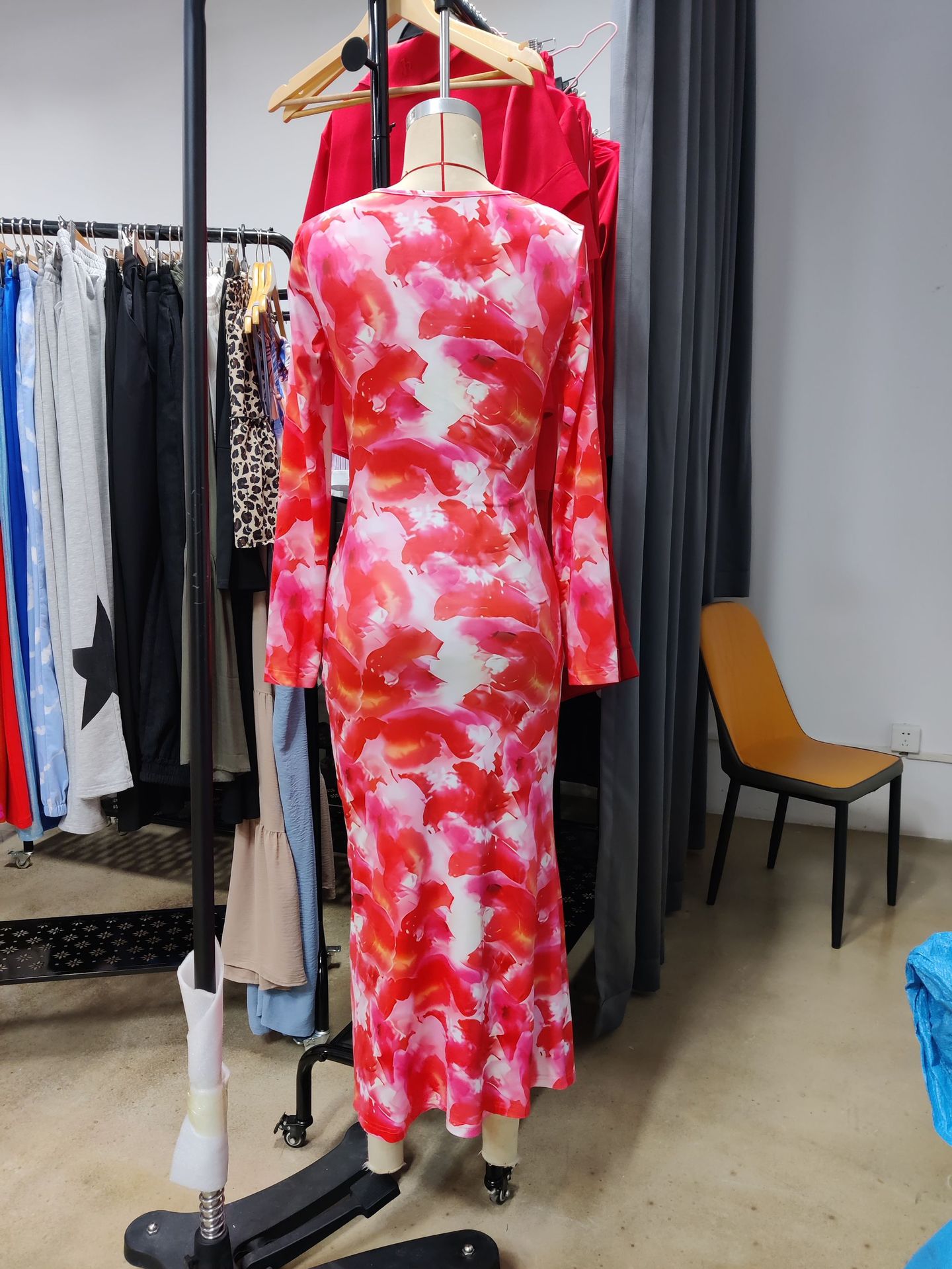 Robe Longue Imprimee Geometrique Maille - Col Rond, Manches Longues, Style Decontracte Chic