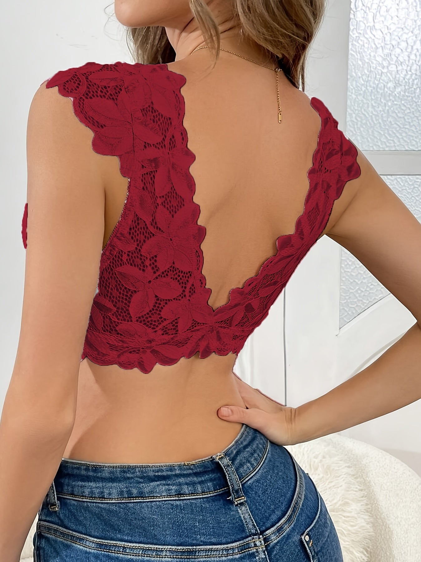 Soutien-Gorge Dentelle Florale Decollete Femme Fermeture Avant - Rose Noir Rouge
