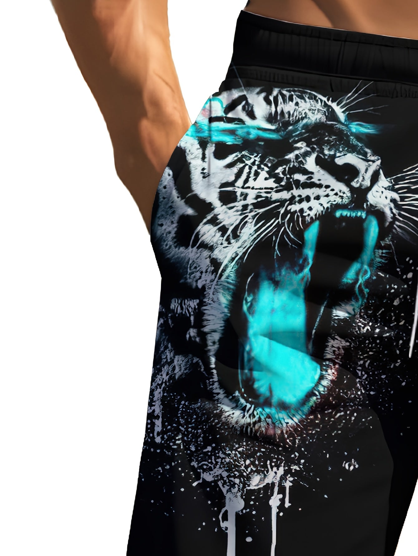 Short Homme Plage Ete Motif Tigre Feroce Geometrique - 95% Polyester Elasthanne Coupe Standard Bleu Noir FR S-XXL