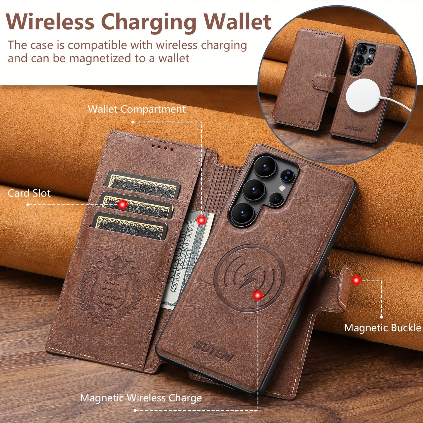 Étui Samsung Galaxy Ultra SUTENI – Similicuir, Recharge Sans Fil, Boucle Magnétique, 3 Coloris