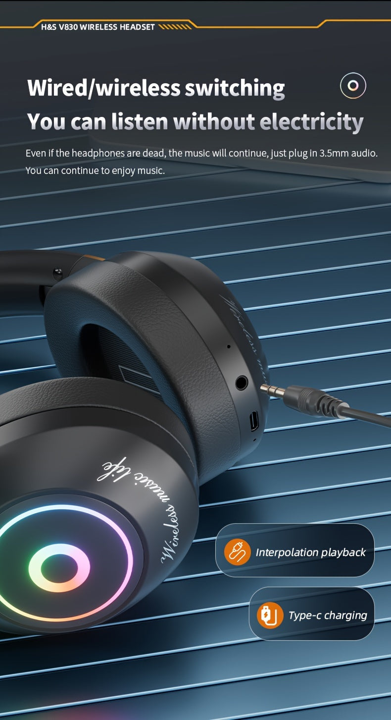 Casque Sans Fil Pliable avec Lumières LED – Gaming & Musique, Batterie 200mAh & USB-C | Noir & Blanc