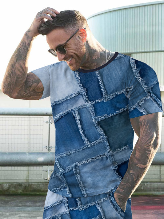 Ensemble homme manches courtes imprime - Col rond, polyester, coupe standard, bleu S a XXL
