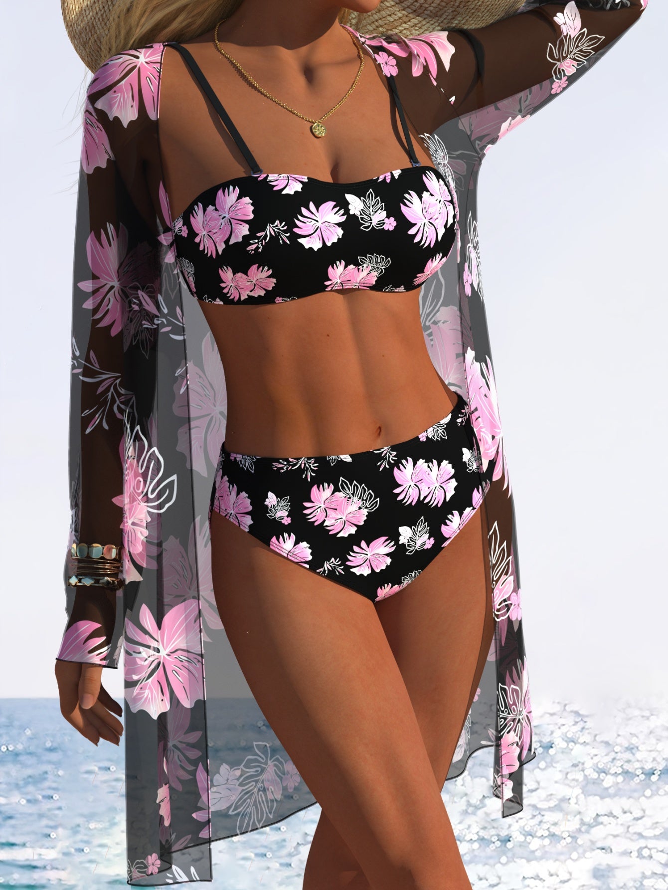 Bikini 3 pièces femme imprimé aléatoire - Tissu très extensible, style plage tendance