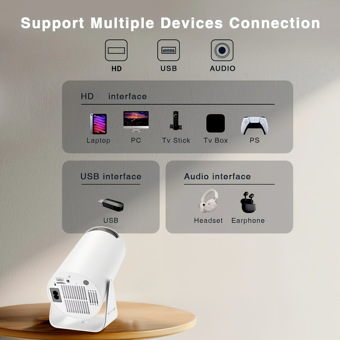 Mini projecteur Full HD 1080p avec interfaces HD, USB et audio, sur une surface en bois claire.