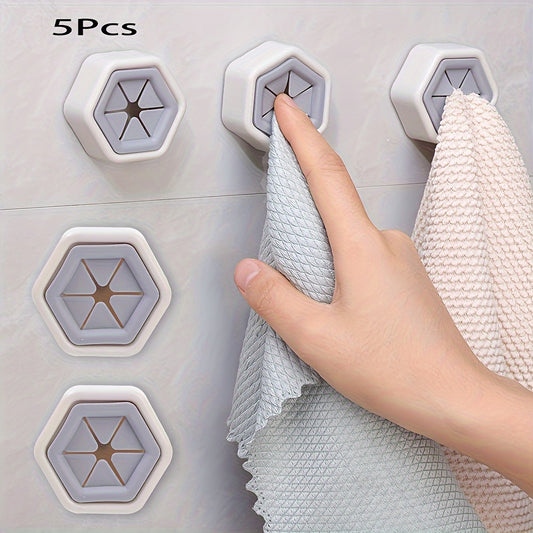 Lot de 5 crochets hexagonaux muraux - Porte-serviettes, rangement cuisine salle de bain, plastique, fixation murale