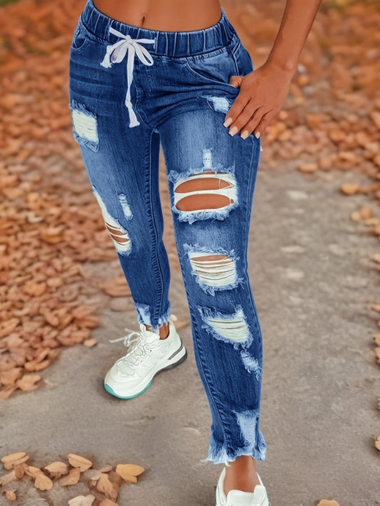 Pantalon Jean Femme Dechiré Style Vintage - Taille Elastique Cordon, Coupe Slim