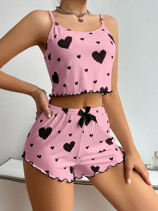 Ensemble pyjama femme bretelles et short - Tissu cotele rayures creuses, imprime coeur, style europeen