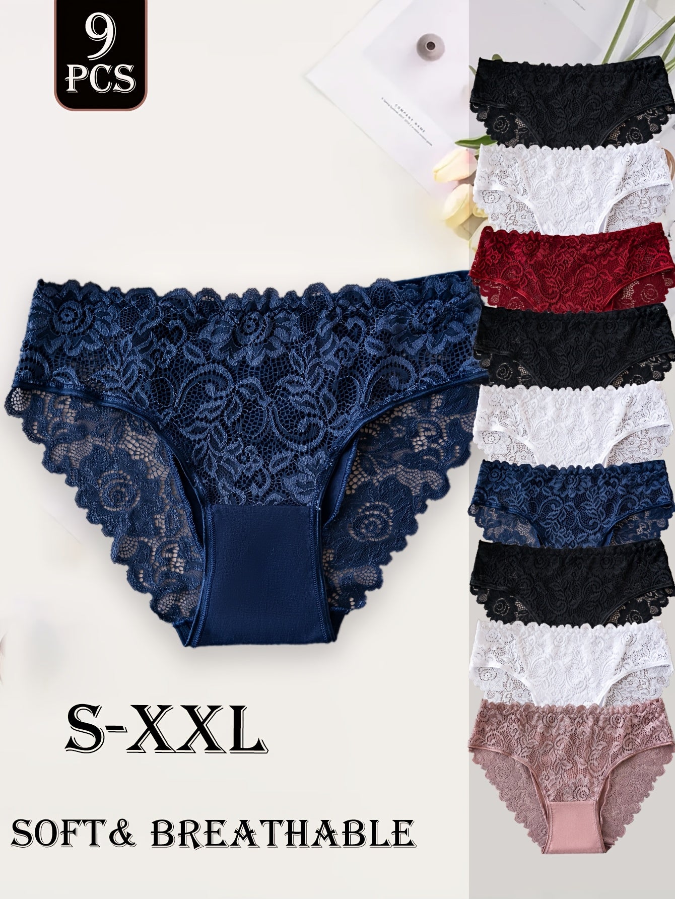 Lot de 9 culottes femme en coton avec dentelle - Couleur unie, style élégant, confort quotidien