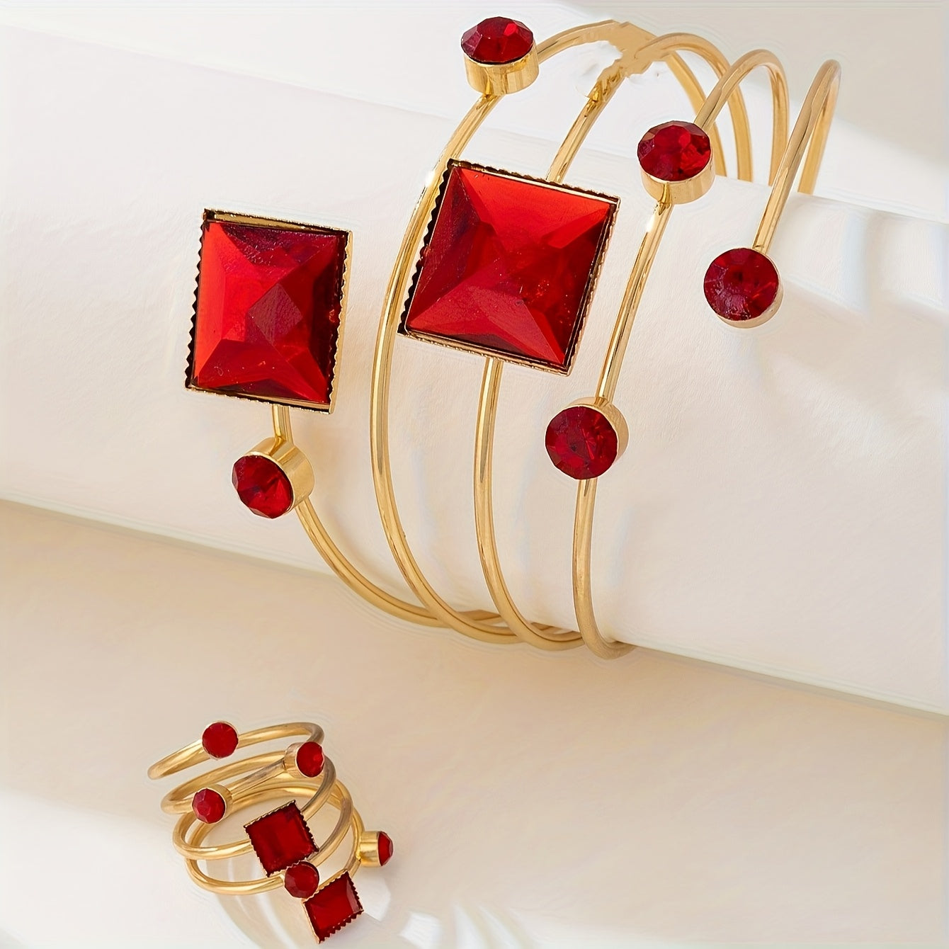 Ensemble bracelets et bagues femme plaque or KC - Style elegant, mosaique resine, toutes saisons, dore