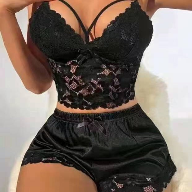 Ensemble pyjama debardeur et short en dentelle femme - Maille polyester, 5 coloris, S a XXXL