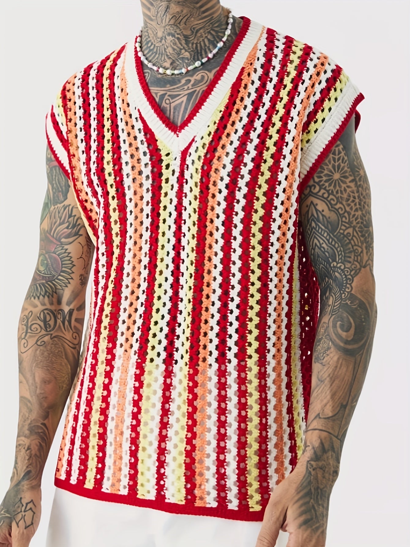 Gilet Ajoure Crochet Col V Sans Manches - Style Vacances Rayures FR S a XXL