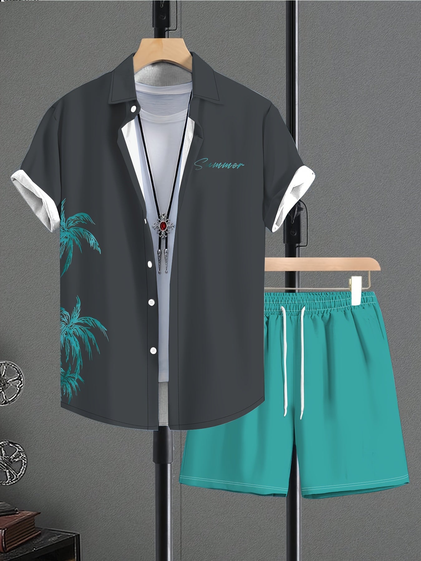 Ensemble Chemise Manches Courtes et Short Imprime Homme - Tenue Ete Decontractee
