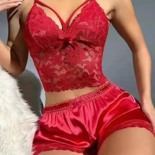 Ensemble pyjama debardeur et short en dentelle femme - Maille polyester, 5 coloris, S a XXXL
