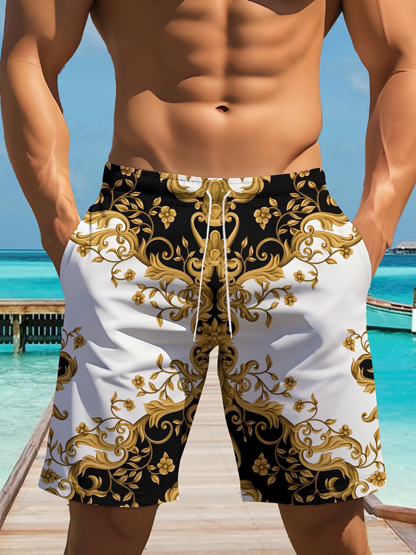 Short Homme Motif Géométrique avec Cordon de Serrage - Style Décontracté