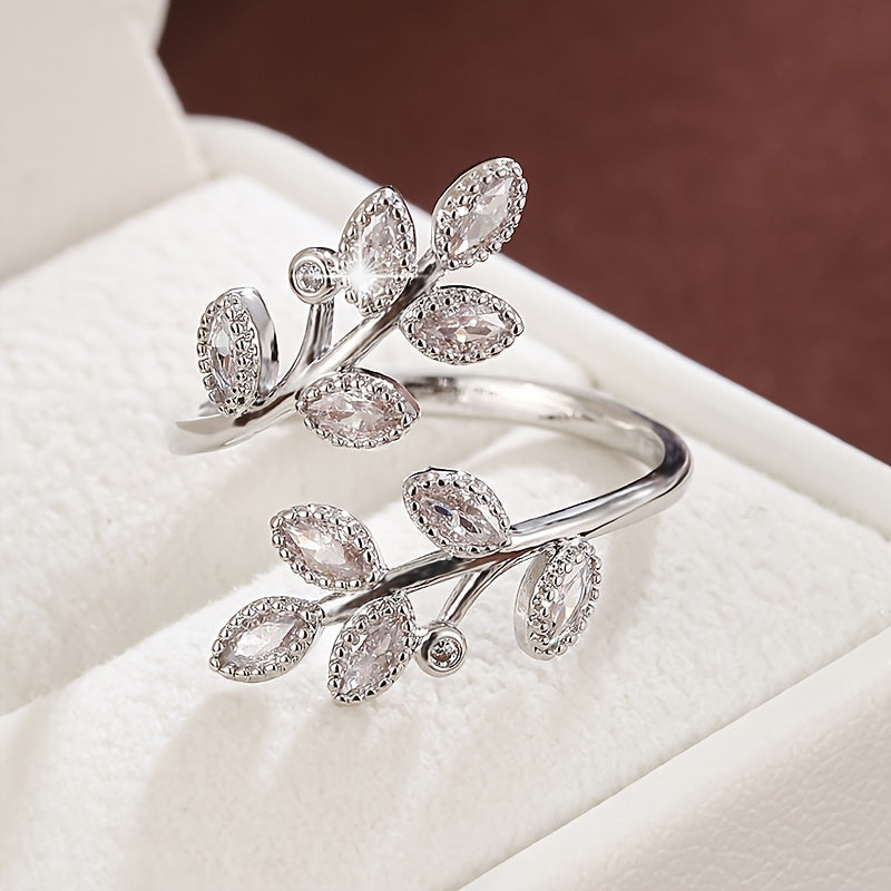 Bague ouverte ajustable femme cuivre plaque blanc K - Zircone cubique feuille branche, style nature, 6 modeles