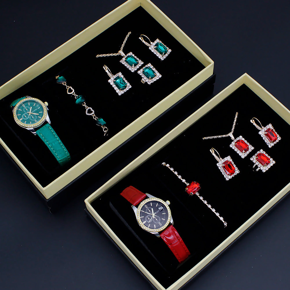 Coffret Montre-Bijou Carrée Femme – 5 Pièces : Montre + Collier + Boucles + Bague ✨