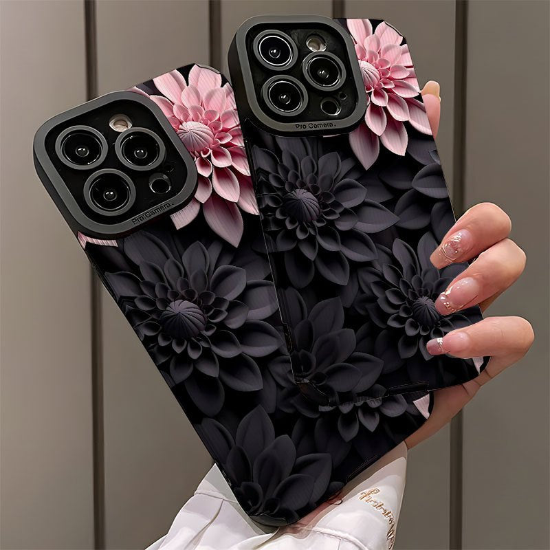 Coque iPhone Motif Floral 3D Rose et Noir – Similicuir, MagSafe, Antichoc