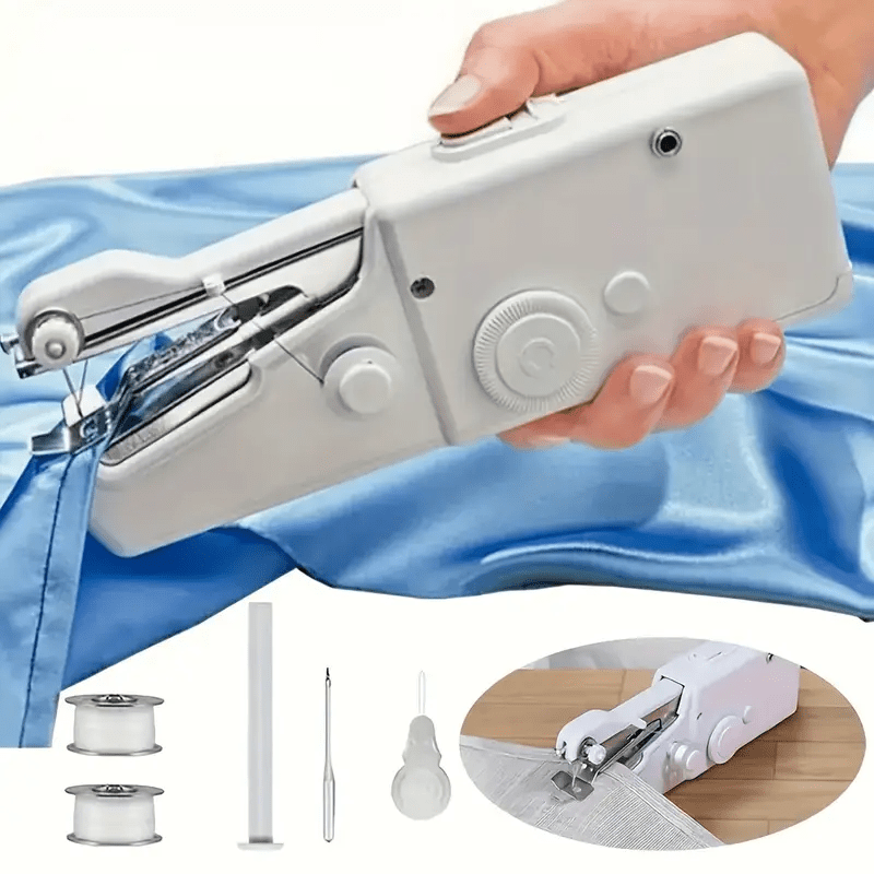 Portable and compact sewing machine held in hand, with blue fabric, spools of thread, needle, and accessories visible.