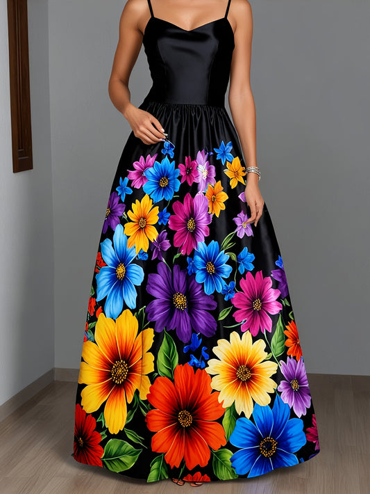 Robe Élégante Bretelles Spaghetti Imprimé Floral – Printemps/Automne, Tissu Élastique