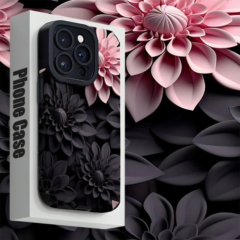 Coque iPhone Motif Floral 3D Rose et Noir – Similicuir, MagSafe, Antichoc