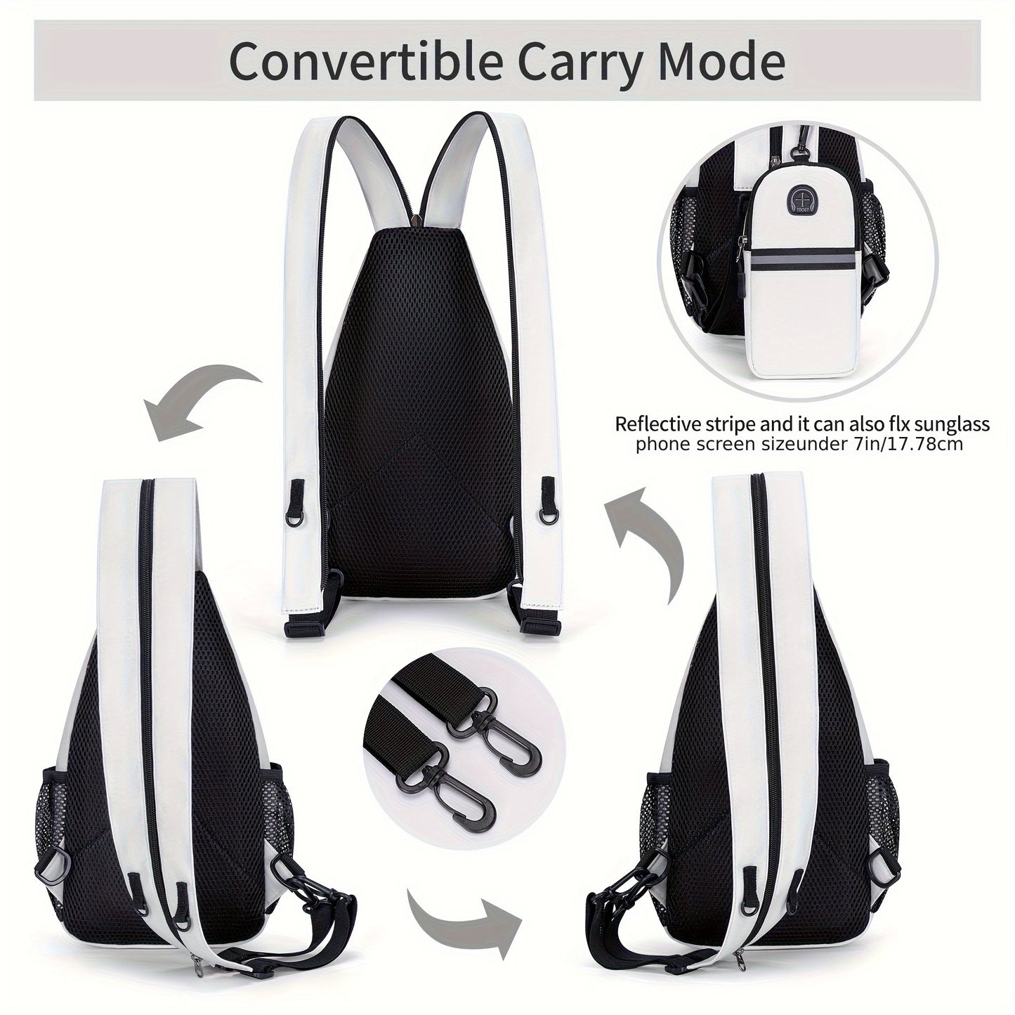 Sac a Dos Sport avec Pochette Telephone - Tissu Oxford Fermeture Eclair Blanc Noir