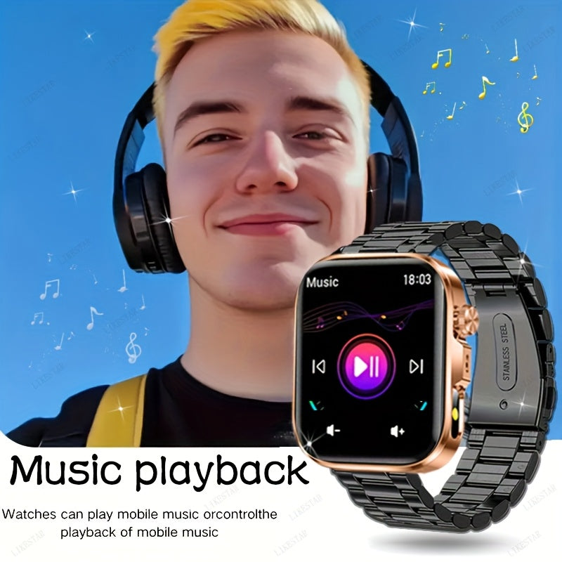 Montre Connectee Tactile Bracelet Acier Inoxydable Ecran HD 2.01 Pouces Recharge Magnetique - Appels Notifications Lampe Torche LED Style Business Decontracte