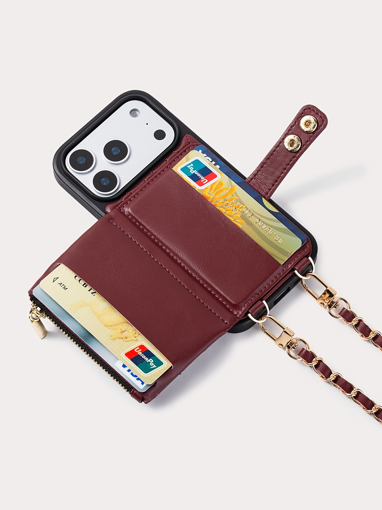 Coque iPhone Portefeuille Matelassee Similicuir Porte-Cartes Bandouliere Chaine - iPhone 11 a 17 Pro Max Beige Noir Rouge