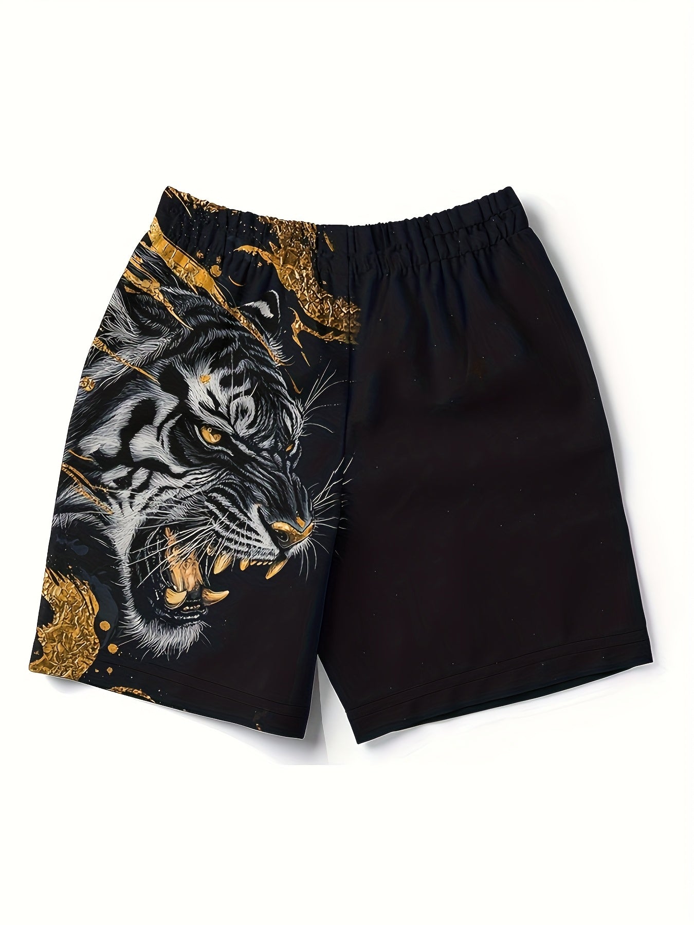 Short Homme Motif Tigre Noir et Or Cordon Serrage 100% Polyester Coupe Standard - Decontracte Plage FR S-XXL