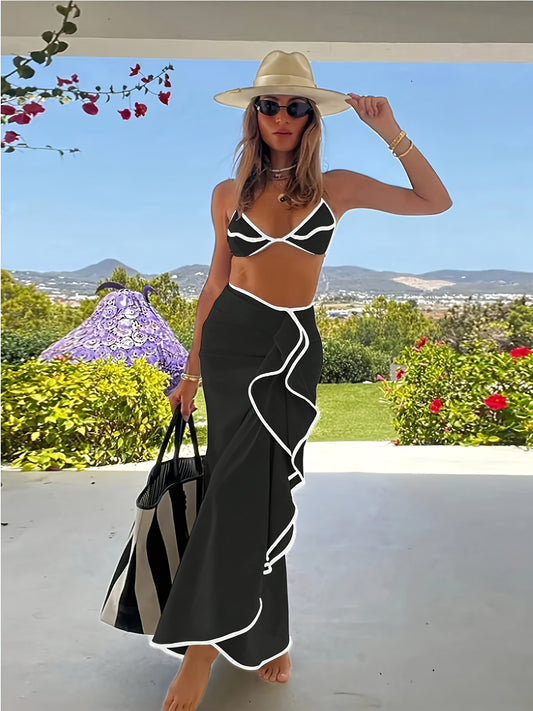 Bikini 3 Pièces Femme avec Jupe – Dos Nu, Volants & Tissu Stretch | S M L | Couleur Unie