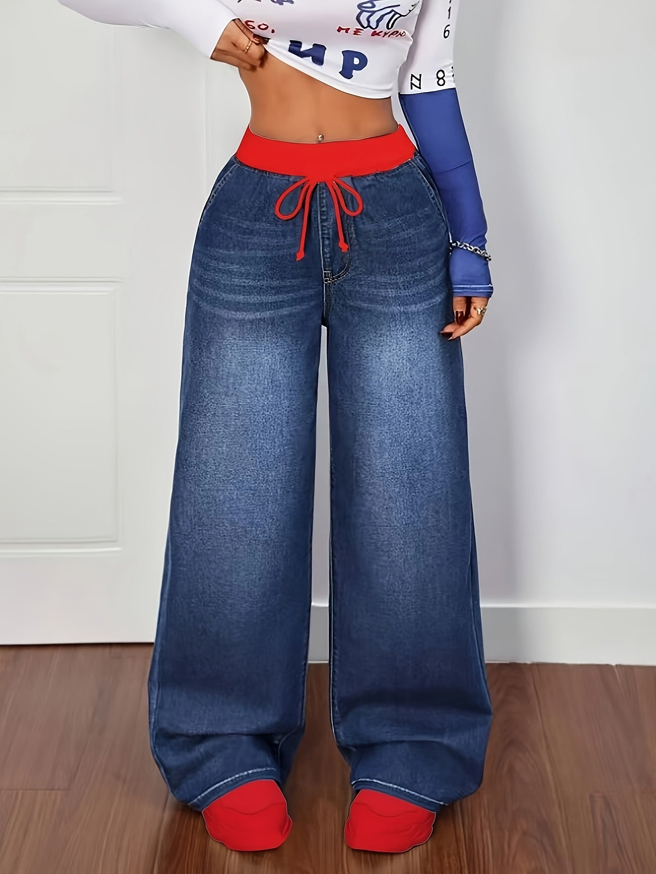 Jean Femme Taille Haute Jambes Droites Cordon - Denim 85% Coton Bleu S-XXL