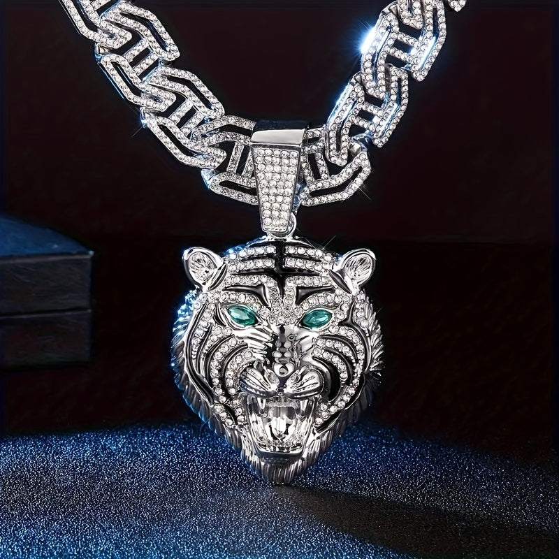 Collier Pendentif Tête de Tigre Yeux Verts — Chaîne Cubaine Strass, Alliage Zinc, 2 Coloris