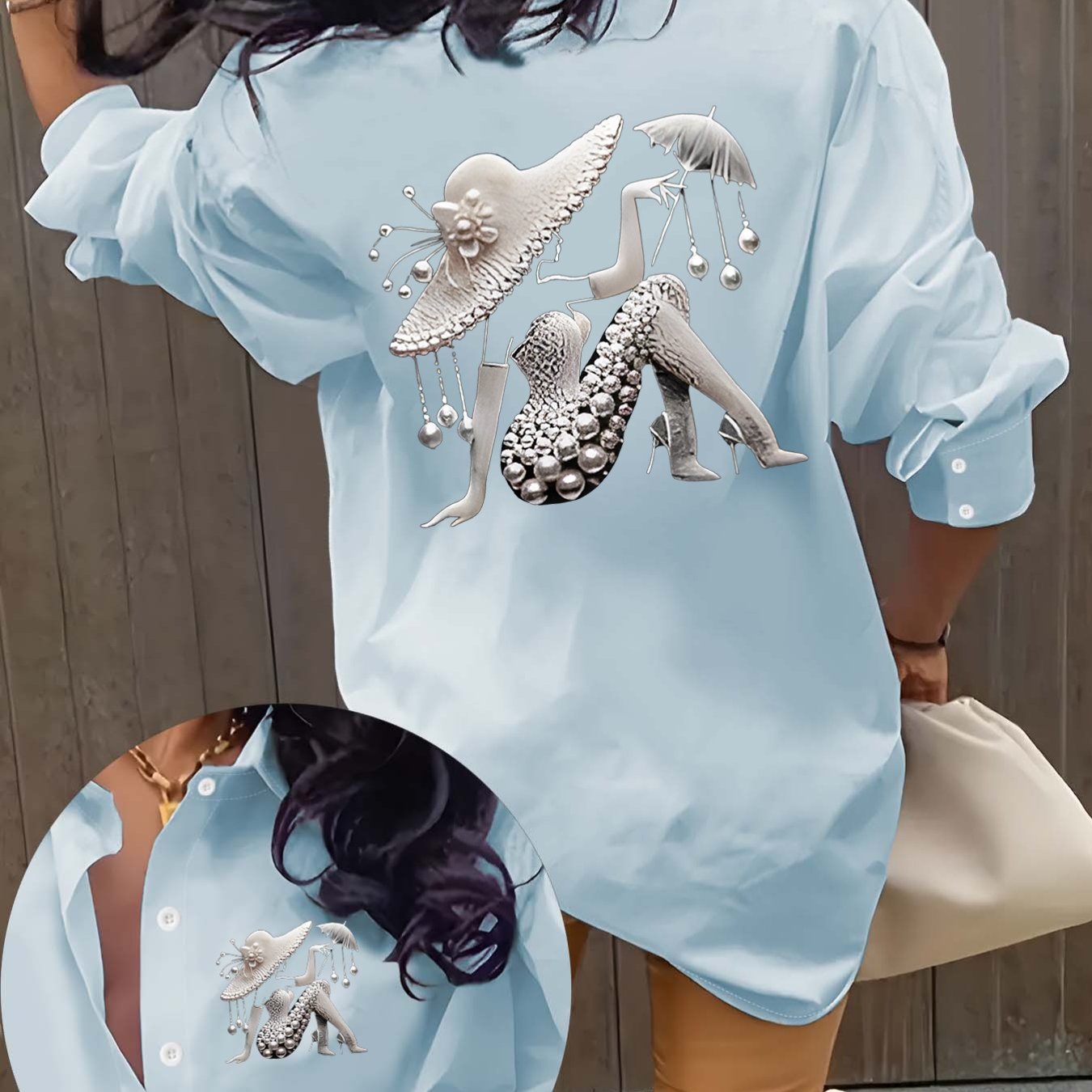 Chemise Manches Longues Imprime Creatif Femme - Style Decontracte Toutes Saisons