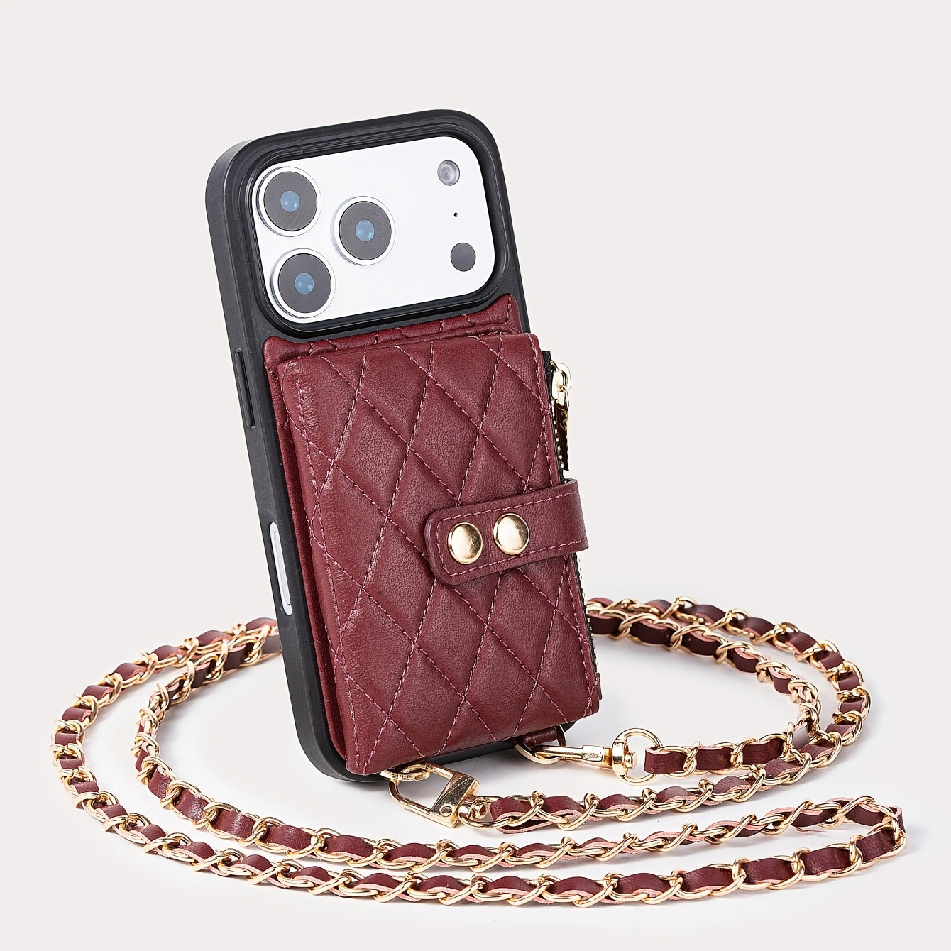Coque iPhone Portefeuille Matelassee Similicuir Porte-Cartes Bandouliere Chaine - iPhone 11 a 17 Pro Max Beige Noir Rouge