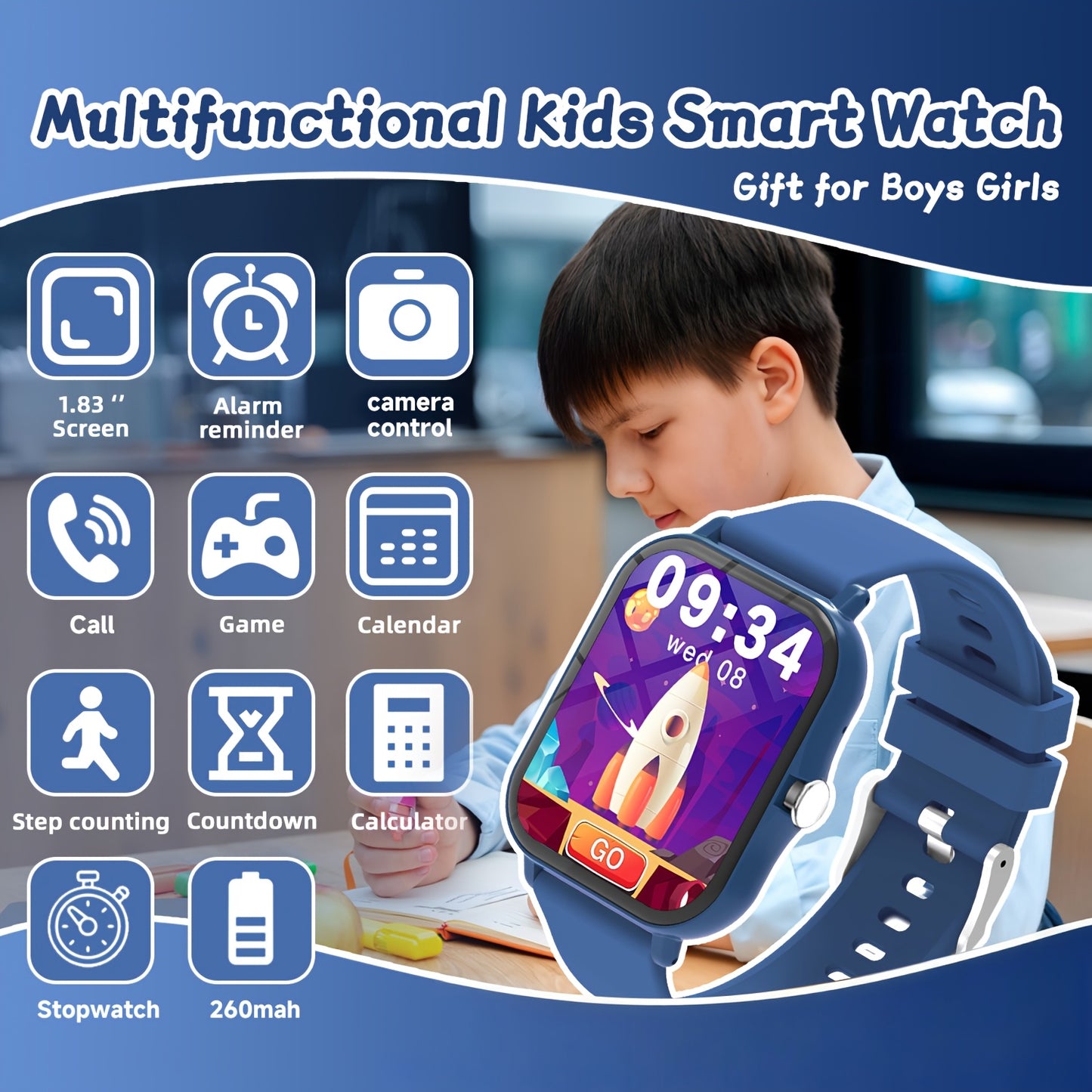 Montre Connectee Enfants Educative - Jeux, Musique, Photo Distance, Calculatrice, Reveil, Bracelet Silicone, 4 Coloris