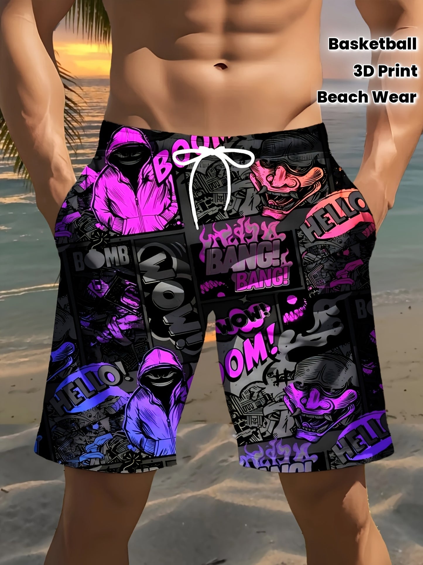 Short de Plage Homme Imprimé 3D – Style Hip-Hop Audacieux 🎵🏖️