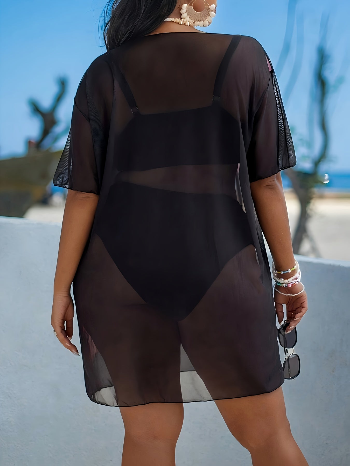 Cache-Maillot Robe de Plage Femme Grande Taille Imprime Floral Tres Extensible Semi-Transparent - 100% Polyester Decontracte Bleu Rose Jaune L-3XL