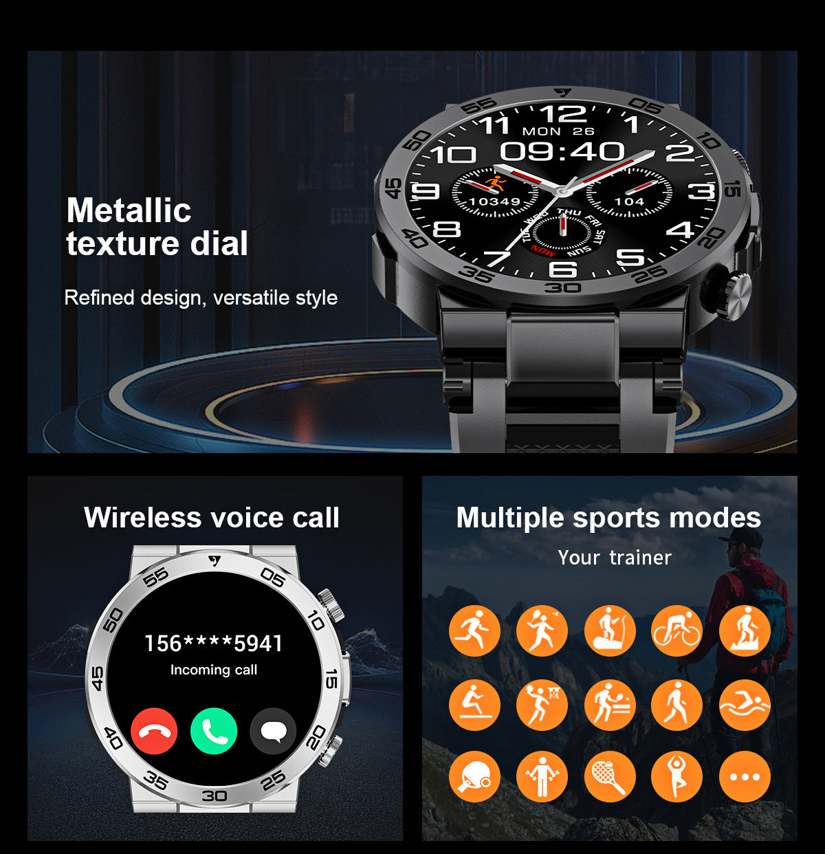 Montre Connectée LIGE Homme — Cadran Rond, Bracelet Silicone, Chronomètre, 3 Coloris