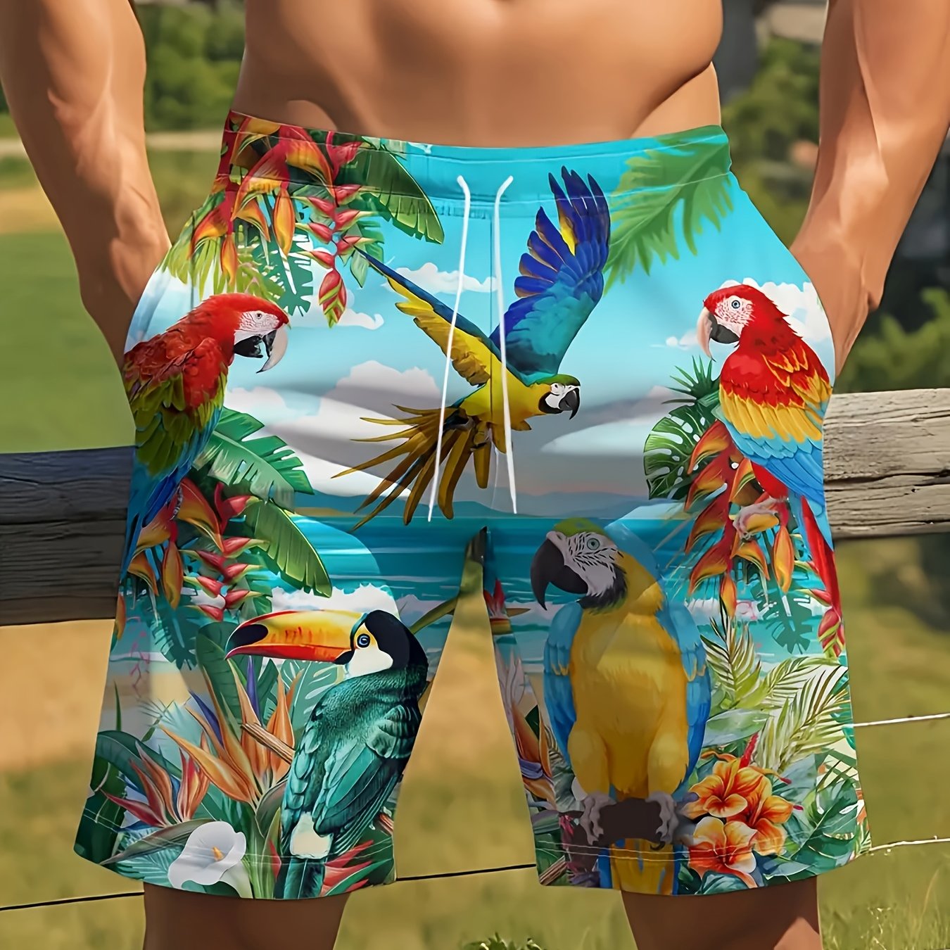 Short de plage homme grande taille imprimé perroquet 3D - Avec poches, coupe standard
