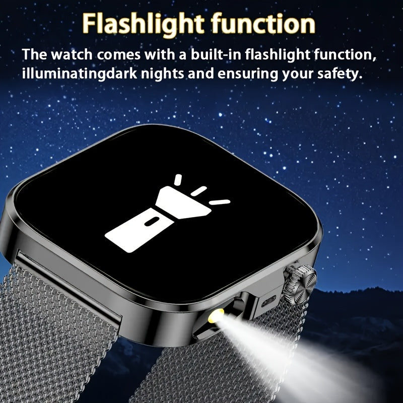 Montre Connectee Tactile Bracelet Acier Inoxydable Ecran HD 2.01 Pouces Recharge Magnetique - Appels Notifications Lampe Torche LED Style Business Decontracte