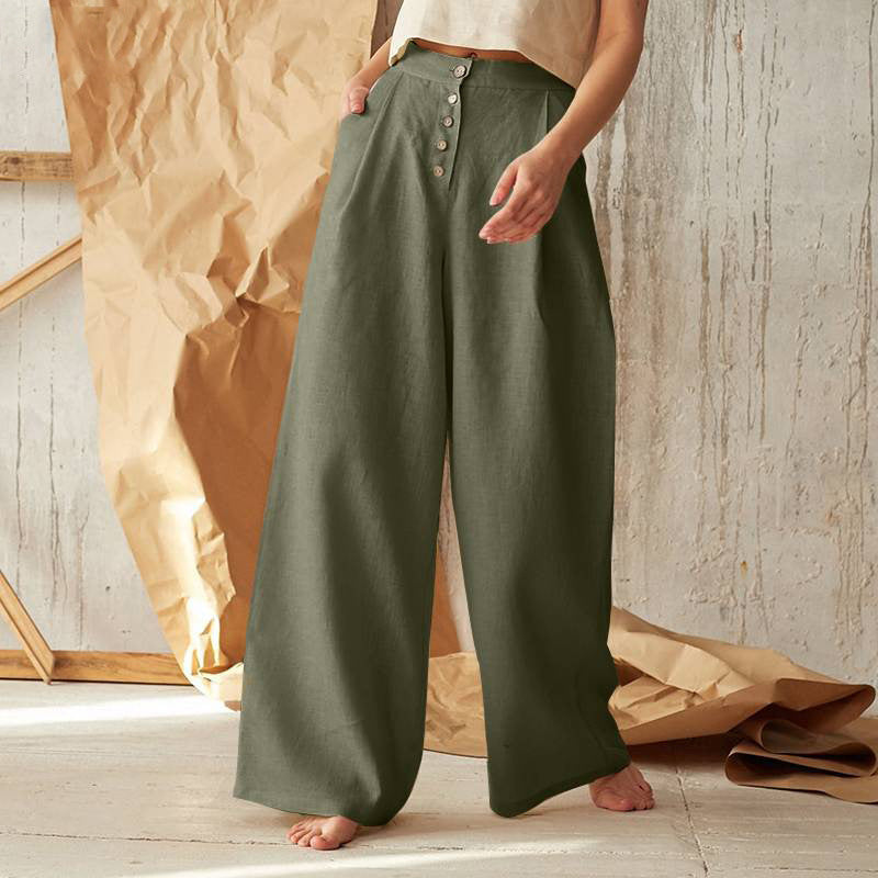 Pantalons pour femme, taille haute, décontractés, boutons, jambes larges, en coton - Topdecheztop.fr