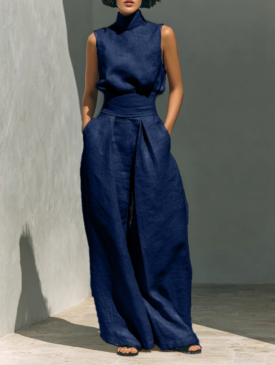 Ensemble Decontracte Sans Manches Femme - Pull Col Montant et Pantalon Large