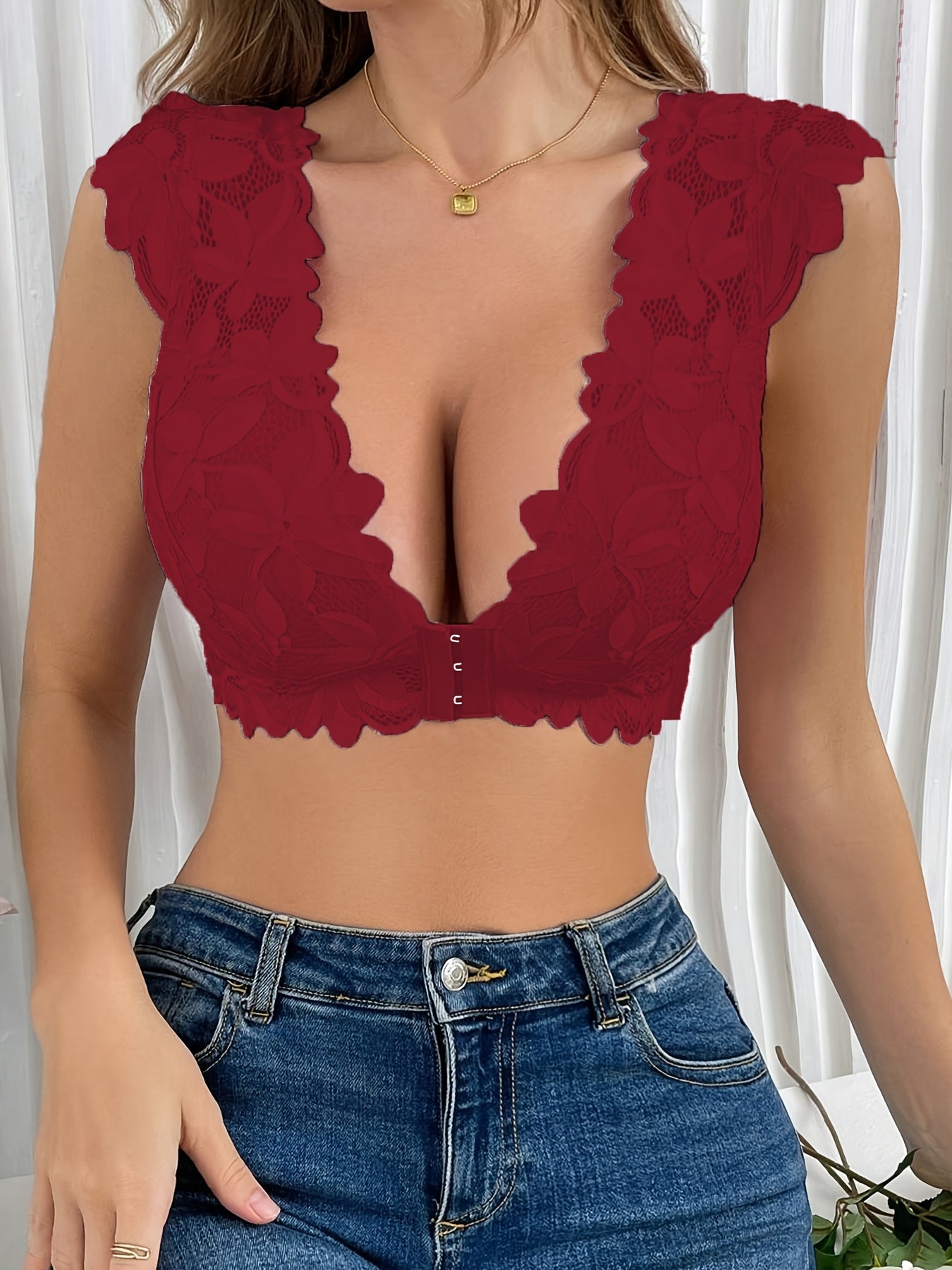 Soutien-Gorge Dentelle Florale Decollete Femme Fermeture Avant - Rose Noir Rouge