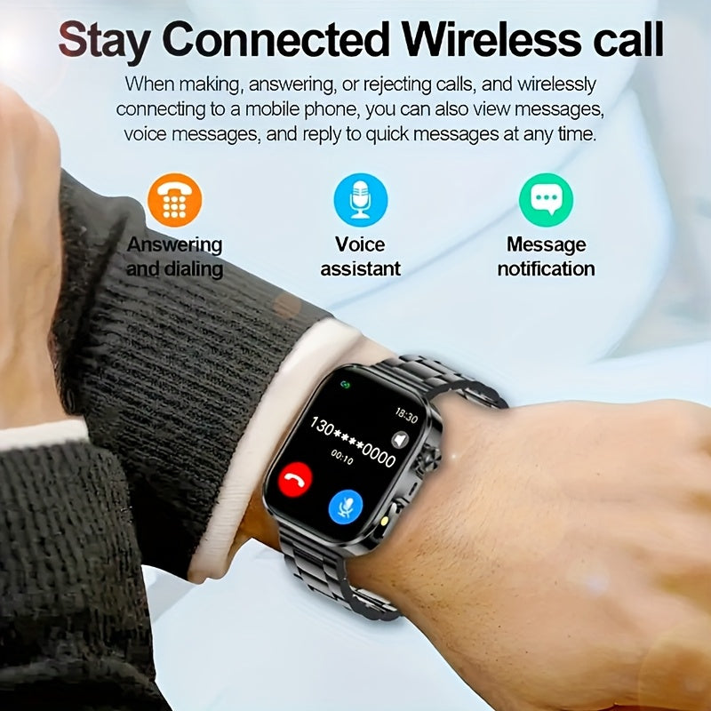 Montre Connectee Tactile Bracelet Acier Inoxydable Ecran HD 2.01 Pouces Recharge Magnetique - Appels Notifications Lampe Torche LED Style Business Decontracte