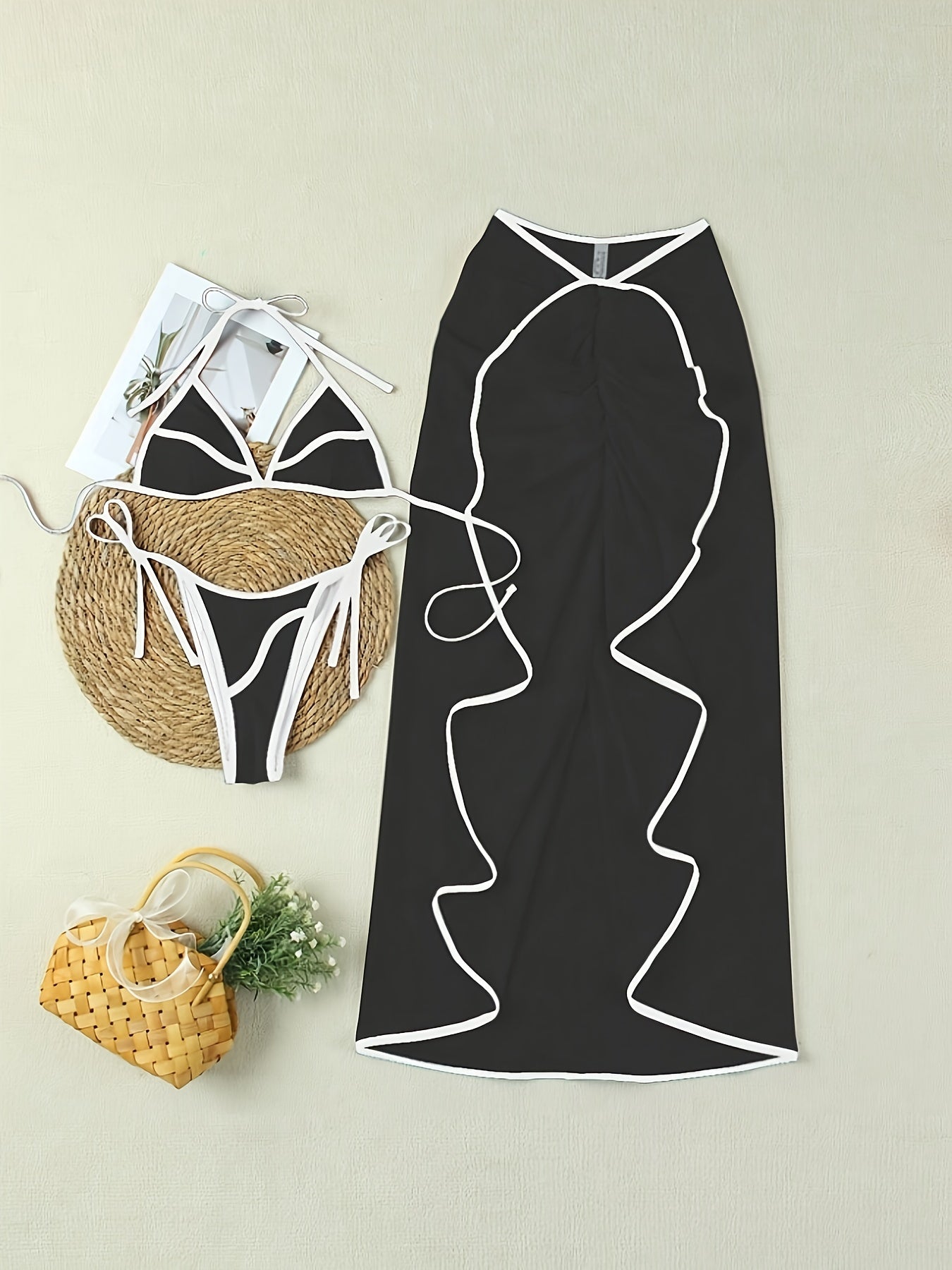 Bikini 3 Pièces Femme avec Jupe – Dos Nu, Volants & Tissu Stretch | S M L | Couleur Unie