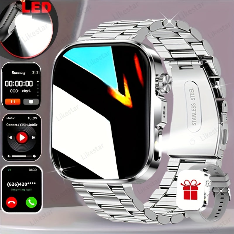 Montre Connectee Tactile Bracelet Acier Inoxydable Ecran HD 2.01 Pouces Recharge Magnetique - Appels Notifications Lampe Torche LED Style Business Decontracte